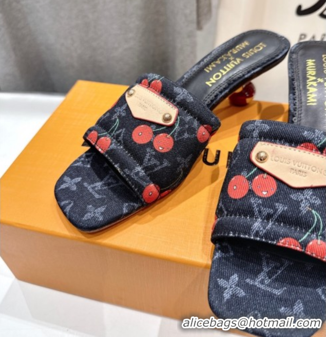 Good Quality Louis Vuitton LV x TM Lily Heel Slides Sandal 5.5cm in Monogram Denim with Bow Black 0712068