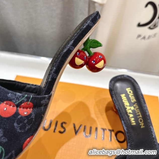 Good Quality Louis Vuitton LV x TM Lily Heel Slides Sandal 5.5cm in Monogram Denim with Bow Black 0712068