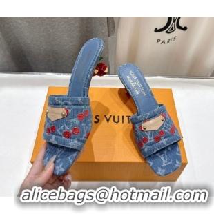 Stylish Louis Vuitton LV x TM Lily Heel Slides Sandal 5.5cm in Cherry Monogram Denim with Bow Blue 0712073