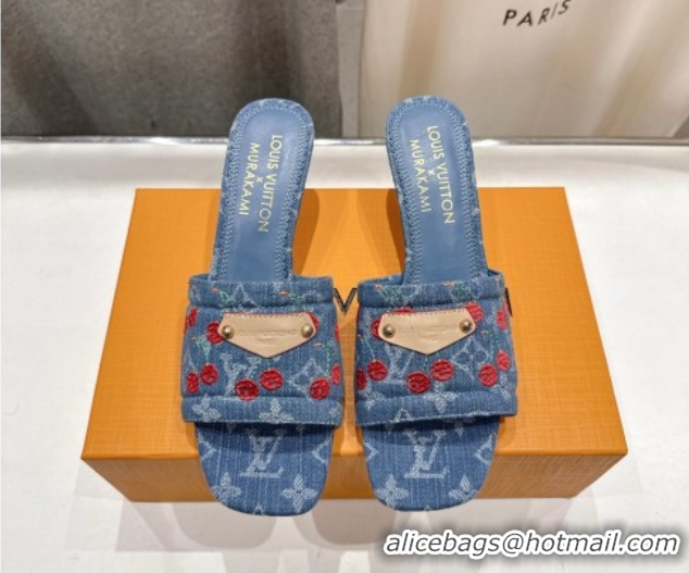 Stylish Louis Vuitton LV x TM Lily Heel Slides Sandal 5.5cm in Cherry Monogram Denim with Bow Blue 0712073