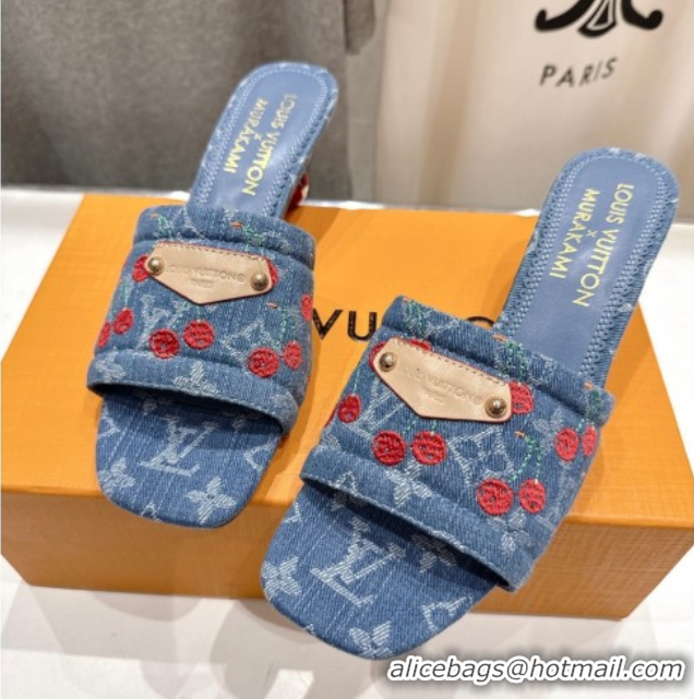 Stylish Louis Vuitton LV x TM Lily Heel Slides Sandal 5.5cm in Cherry Monogram Denim with Bow Blue 0712073