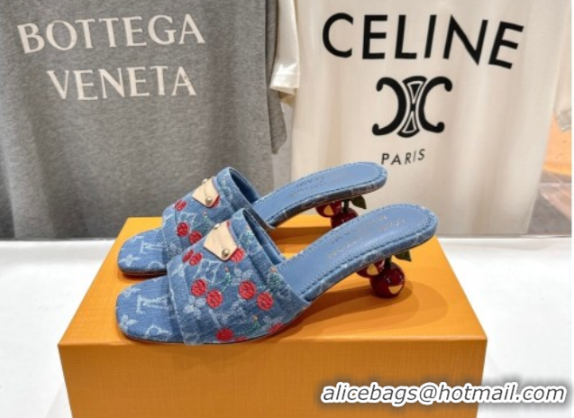 Stylish Louis Vuitton LV x TM Lily Heel Slides Sandal 5.5cm in Cherry Monogram Denim with Bow Blue 0712073