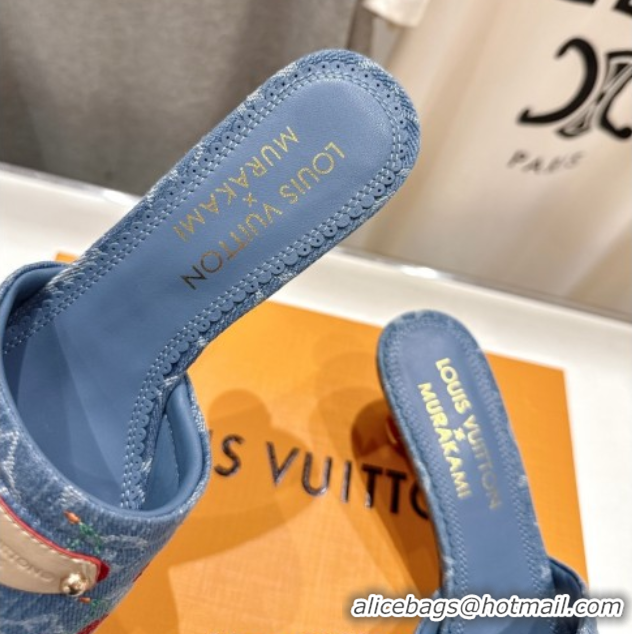 Stylish Louis Vuitton LV x TM Lily Heel Slides Sandal 5.5cm in Cherry Monogram Denim with Bow Blue 0712073