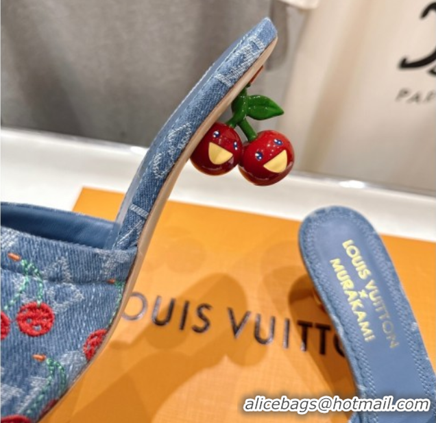Stylish Louis Vuitton LV x TM Lily Heel Slides Sandal 5.5cm in Cherry Monogram Denim with Bow Blue 0712073