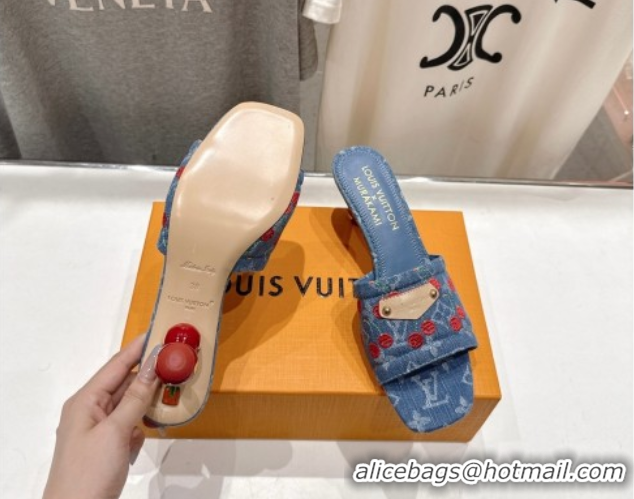 Stylish Louis Vuitton LV x TM Lily Heel Slides Sandal 5.5cm in Cherry Monogram Denim with Bow Blue 0712073