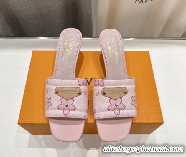 Famous Louis Vuitton LV x TM Lily Heel Slides Sandal 5.5cm in Blossom Leather with Bow Pink 0712072