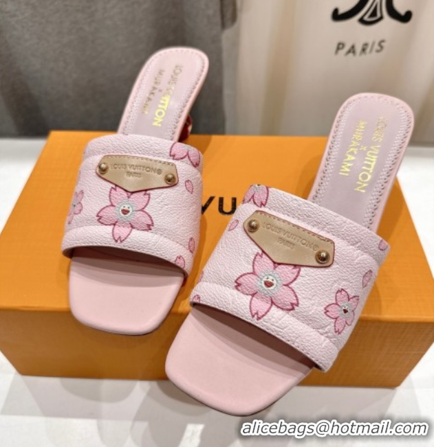 Famous Louis Vuitton LV x TM Lily Heel Slides Sandal 5.5cm in Blossom Leather with Bow Pink 0712072