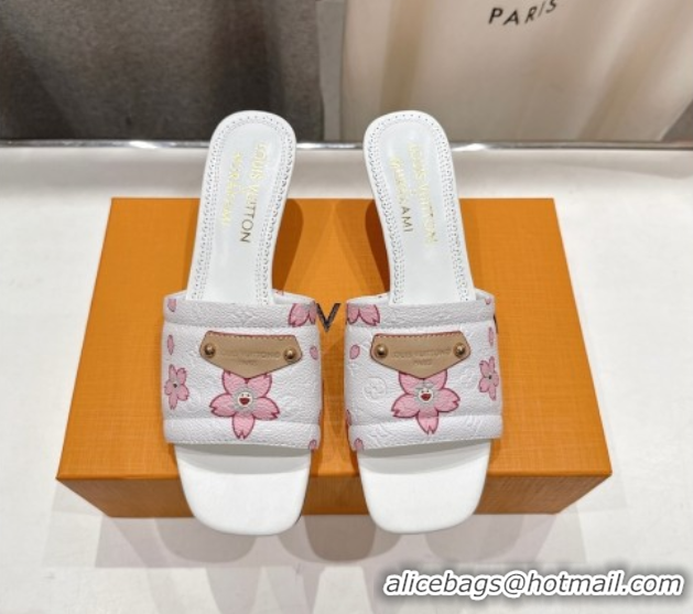 Charming Louis Vuitton LV x TM Lily Heel Slides Sandal 5.5cm in Blossom Leather with Bow White 0712075