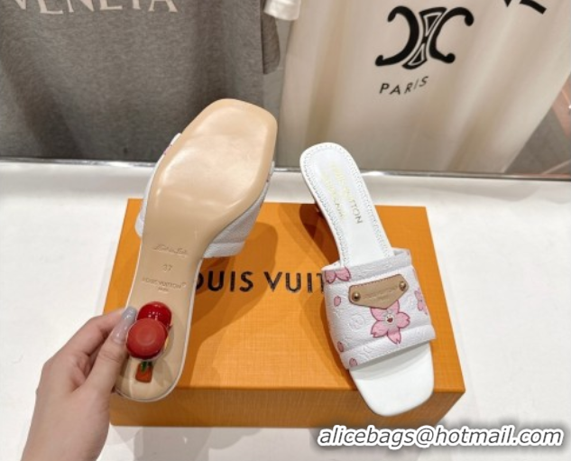 Charming Louis Vuitton LV x TM Lily Heel Slides Sandal 5.5cm in Blossom Leather with Bow White 0712075