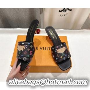 Good Product Louis Vuitton LV x TM Lily Heel Slides Sandal 5.5cm with Bow Black/Multicolor 0712066