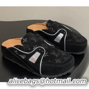 Luxury Louis Vuitton x Birkenstock Boston Platform Mules in Monogram Suede Black 0714004