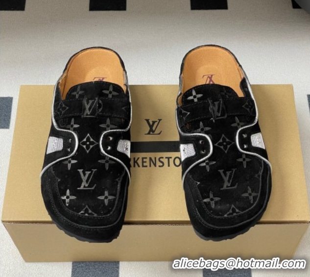 Luxury Louis Vuitton x Birkenstock Boston Platform Mules in Monogram Suede Black 0714004