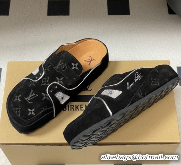 Luxury Louis Vuitton x Birkenstock Boston Platform Mules in Monogram Suede Black 0714004