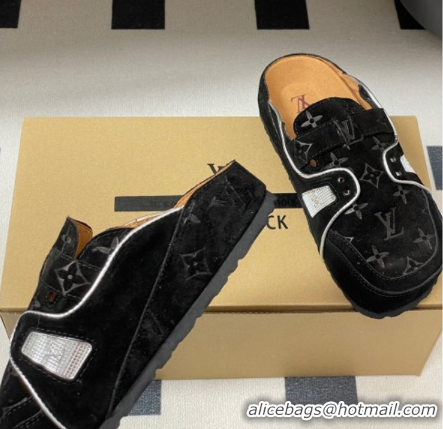 Luxury Louis Vuitton x Birkenstock Boston Platform Mules in Monogram Suede Black 0714004