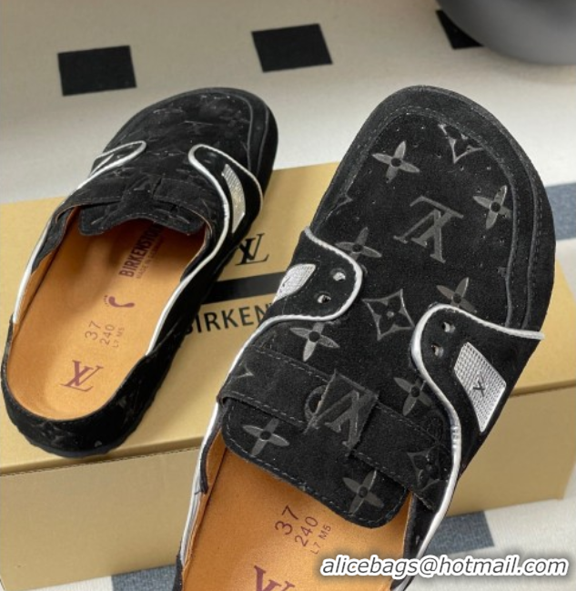 Luxury Louis Vuitton x Birkenstock Boston Platform Mules in Monogram Suede Black 0714004