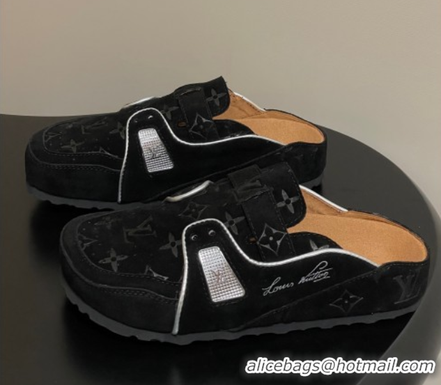 Luxury Louis Vuitton x Birkenstock Boston Platform Mules in Monogram Suede Black 0714004