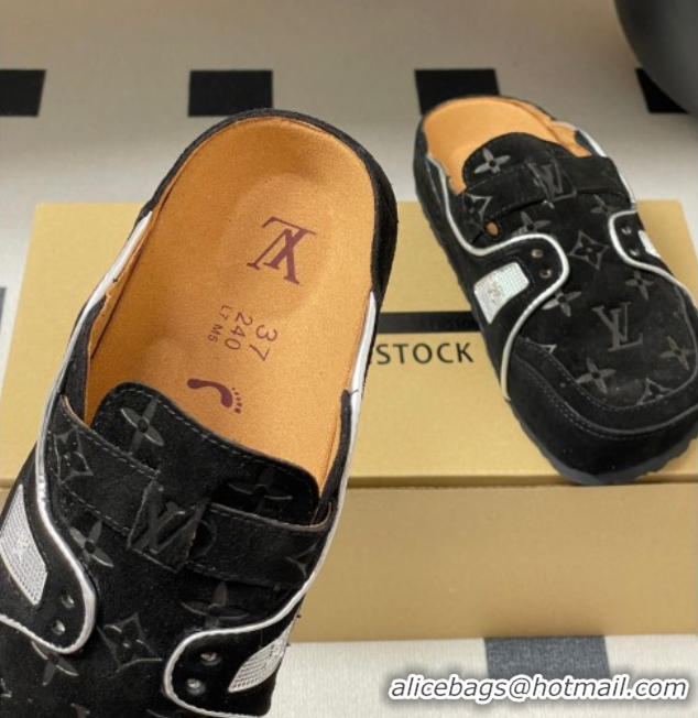 Luxury Louis Vuitton x Birkenstock Boston Platform Mules in Monogram Suede Black 0714004