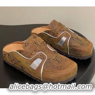 Luxury Louis Vuitton x Birkenstock Boston Platform Mules in Monogram Suede Brown 0714006