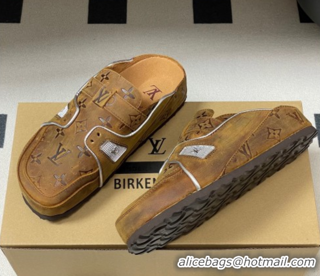 Luxury Louis Vuitton x Birkenstock Boston Platform Mules in Monogram Suede Brown 0714006