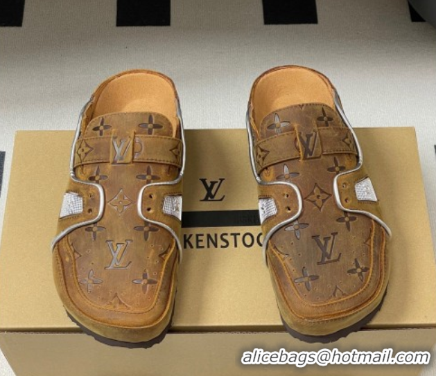 Luxury Louis Vuitton x Birkenstock Boston Platform Mules in Monogram Suede Brown 0714006