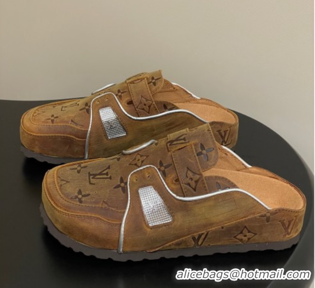 Luxury Louis Vuitton x Birkenstock Boston Platform Mules in Monogram Suede Brown 0714006
