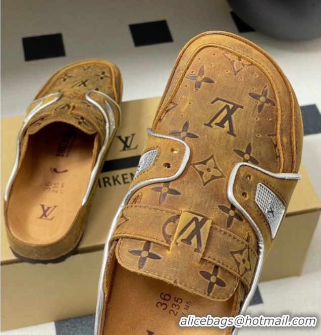 Luxury Louis Vuitton x Birkenstock Boston Platform Mules in Monogram Suede Brown 0714006