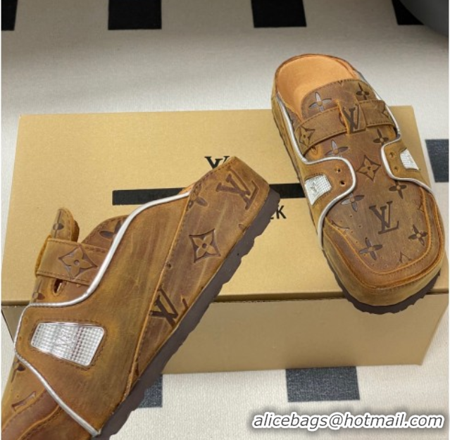 Luxury Louis Vuitton x Birkenstock Boston Platform Mules in Monogram Suede Brown 0714006