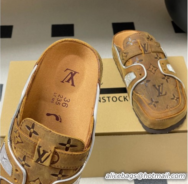 Luxury Louis Vuitton x Birkenstock Boston Platform Mules in Monogram Suede Brown 0714006