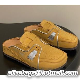 Luxury Louis Vuitton x Birkenstock Boston Platform Mules in Monogram Suede Yellow 0714007