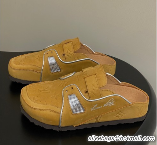 Luxury Louis Vuitton x Birkenstock Boston Platform Mules in Monogram Suede Yellow 0714007