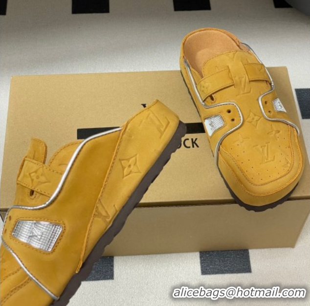 Luxury Louis Vuitton x Birkenstock Boston Platform Mules in Monogram Suede Yellow 0714007