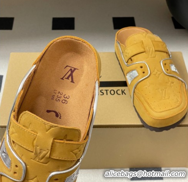 Luxury Louis Vuitton x Birkenstock Boston Platform Mules in Monogram Suede Yellow 0714007