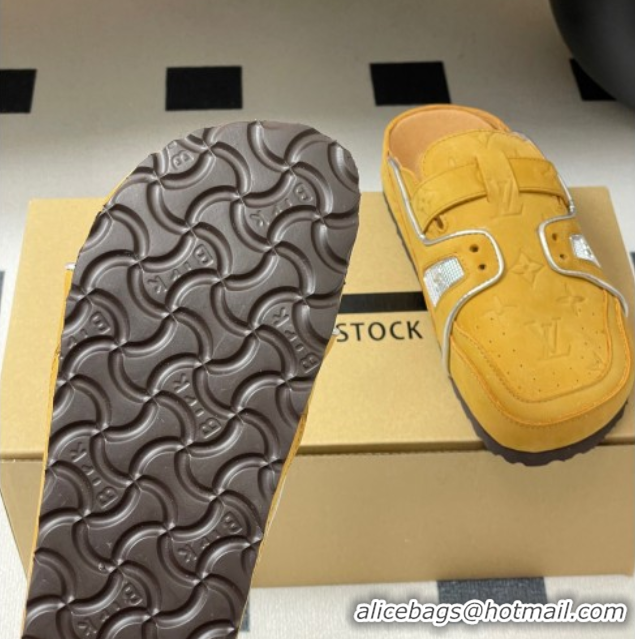Luxury Louis Vuitton x Birkenstock Boston Platform Mules in Monogram Suede Yellow 0714007