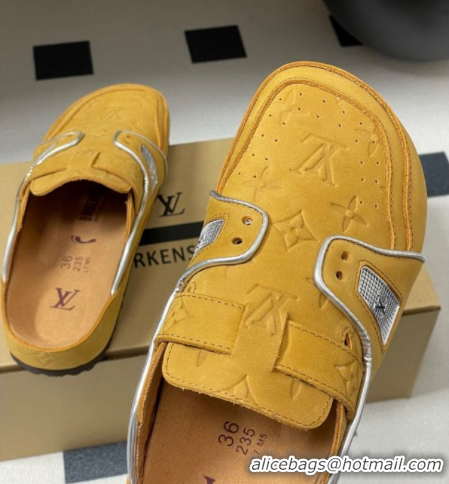 Luxury Louis Vuitton x Birkenstock Boston Platform Mules in Monogram Suede Yellow 0714007