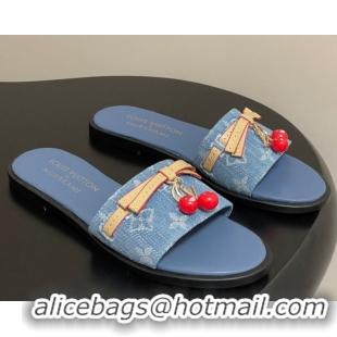 Pretty Style Louis Vuitton LV x TM Lily Flat Slides Sandals with Bow and Cherry Charm in Monogram Denim Light Blue 07140