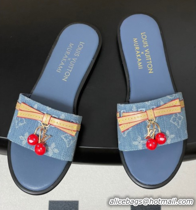 Pretty Style Louis Vuitton LV x TM Lily Flat Slides Sandals with Bow and Cherry Charm in Monogram Denim Light Blue 07140