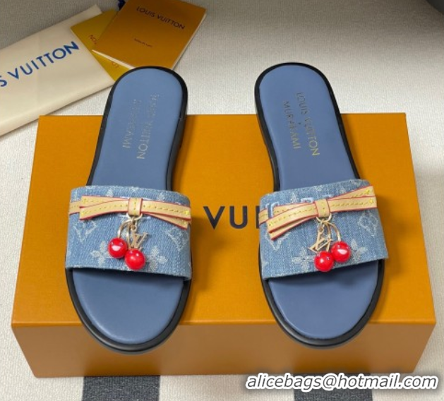 Pretty Style Louis Vuitton LV x TM Lily Flat Slides Sandals with Bow and Cherry Charm in Monogram Denim Light Blue 07140