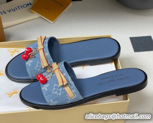 Pretty Style Louis Vuitton LV x TM Lily Flat Slides Sandals with Bow and Cherry Charm in Monogram Denim Light Blue 07140