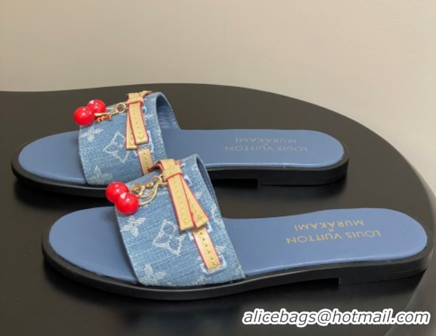 Pretty Style Louis Vuitton LV x TM Lily Flat Slides Sandals with Bow and Cherry Charm in Monogram Denim Light Blue 07140