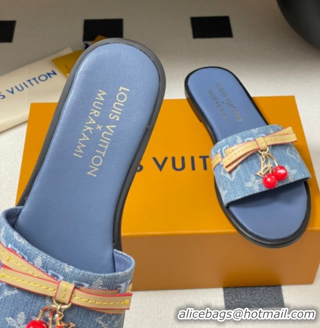 Pretty Style Louis Vuitton LV x TM Lily Flat Slides Sandals with Bow and Cherry Charm in Monogram Denim Light Blue 07140