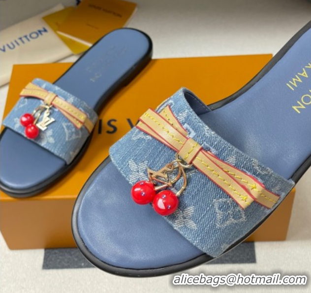 Pretty Style Louis Vuitton LV x TM Lily Flat Slides Sandals with Bow and Cherry Charm in Monogram Denim Light Blue 07140