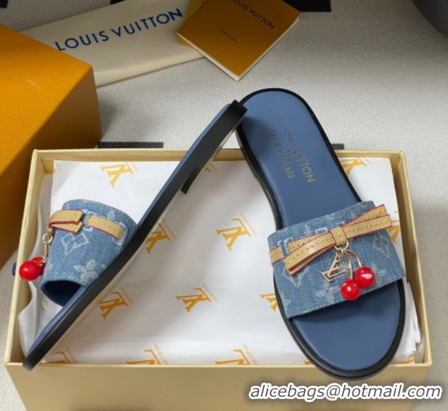 Pretty Style Louis Vuitton LV x TM Lily Flat Slides Sandals with Bow and Cherry Charm in Monogram Denim Light Blue 07140