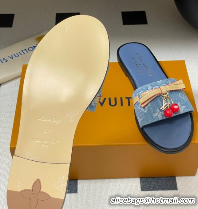 Pretty Style Louis Vuitton LV x TM Lily Flat Slides Sandals with Bow and Cherry Charm in Monogram Denim Light Blue 07140