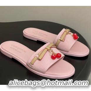 Unique Style Louis Vuitton LV x TM Lily Flat Slides Sandals with Bow and Cherry Charm in Monogram Denim Light Pink 07140