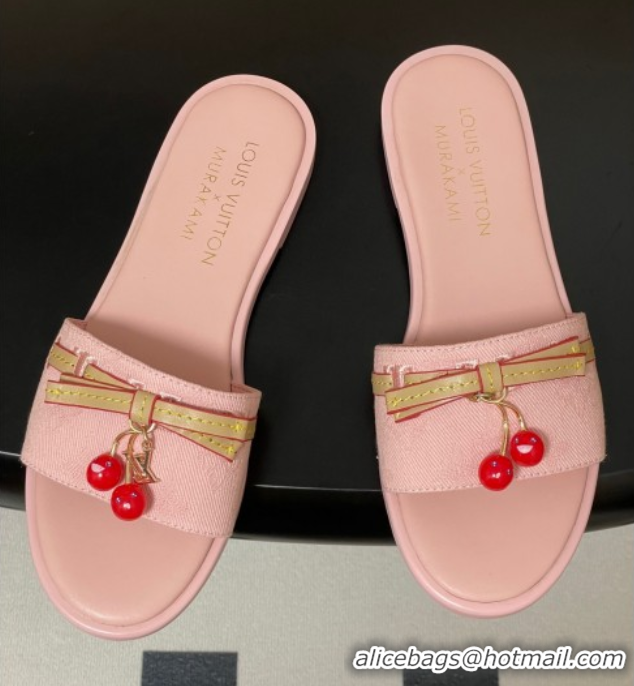 Unique Style Louis Vuitton LV x TM Lily Flat Slides Sandals with Bow and Cherry Charm in Monogram Denim Light Pink 07140