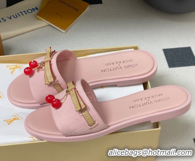 Unique Style Louis Vuitton LV x TM Lily Flat Slides Sandals with Bow and Cherry Charm in Monogram Denim Light Pink 07140