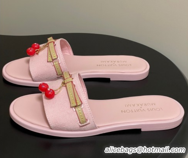 Unique Style Louis Vuitton LV x TM Lily Flat Slides Sandals with Bow and Cherry Charm in Monogram Denim Light Pink 07140