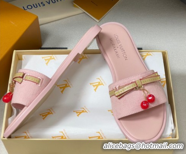 Unique Style Louis Vuitton LV x TM Lily Flat Slides Sandals with Bow and Cherry Charm in Monogram Denim Light Pink 07140