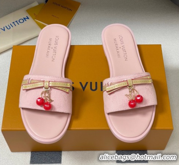 Unique Style Louis Vuitton LV x TM Lily Flat Slides Sandals with Bow and Cherry Charm in Monogram Denim Light Pink 07140