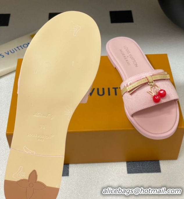 Unique Style Louis Vuitton LV x TM Lily Flat Slides Sandals with Bow and Cherry Charm in Monogram Denim Light Pink 07140